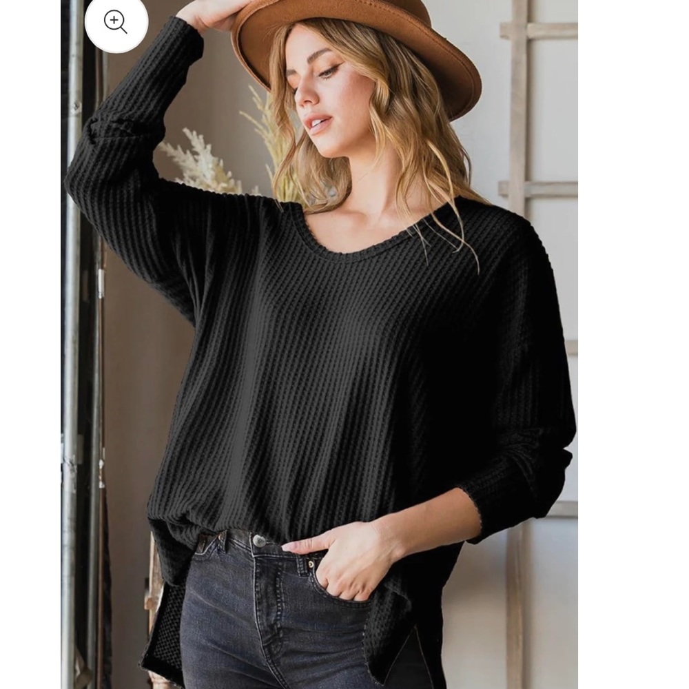 Black waffle knit long sleeve sweater top